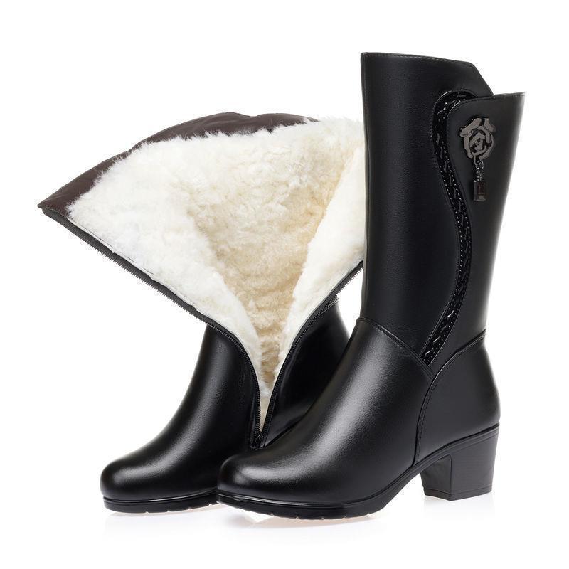 2022 Winter Leather Women Winter Boots Thick Wool Warm Women High-heeled Genuine Boot High-quality Female Snow Boots Women Shoes