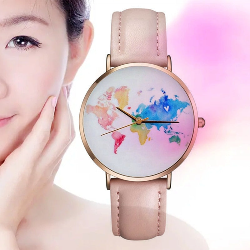 Fashion Elegant Romantic Women Watches World Map Travel Leather Watchband Ladies Quartz Wristwatches Gifts For Girls