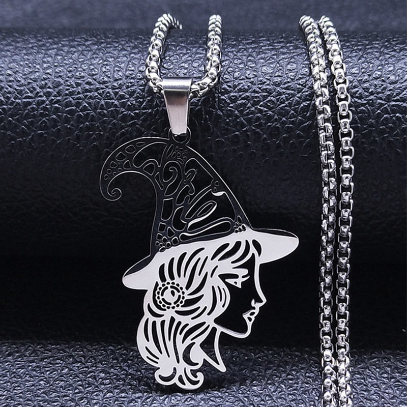 Witch Broom Cat Stainless Steel Necklace Women Witchcraft Silver Color Witches&