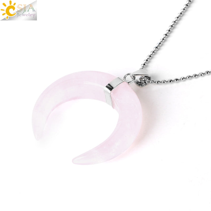 CSJA Natural Stones Crescent Moon Necklaces Pendants Purple Crystal Pink Quartz White Stone Gold Color Reiki Women F306