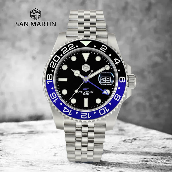 San Martin New Men Watch Mechanical Automatic Link GMT Sapphire Luxury Top Grade Stainless Steel Diving Watch Relogio Masculino