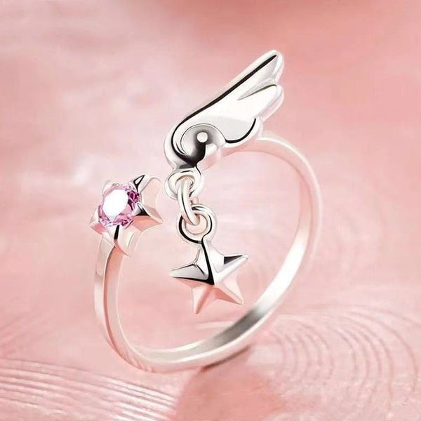 Card Captor Sakura Ring Woman Star Wing Pink Zircon Rings for Women Anime Accesorios Adjustable Ring Kawaii Cosplay Lady Jewelry