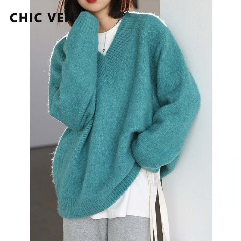 CHIC VEN Women's Sweater Knitted Solid V Neck Casual Female Loose Long Sleeve Pullovers Female Tops Lady Coat Autumn Winter 2022