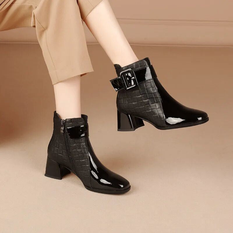 2022 Autumn Women Ankle Boots Pu Leather Thick High Heel Short Boots Winter Zip Square Toe Shoes Lady Women Shoes