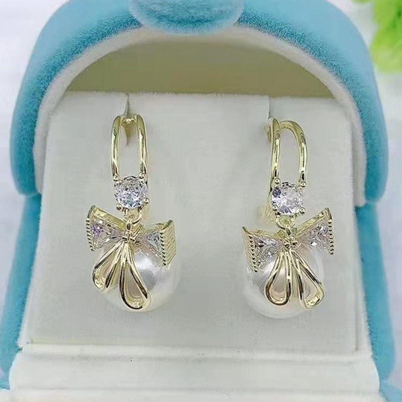 Fashion Trend Crystal Zircon Bow Pendant Earrings For Women Party Girl Imitation Pearl Dangle Earrings Luxury Wholesale Jewelry