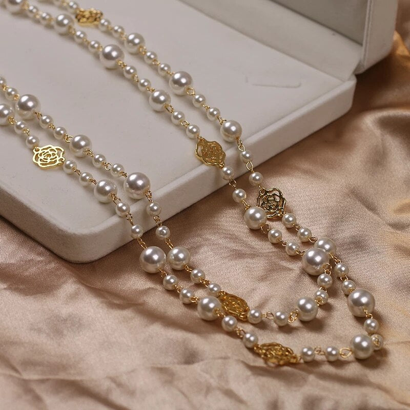 Pearl Pendants Necklace for Women Camellia High Quality Double Layers Long Chains Collares De Moda Number  Flower Party Jewelry