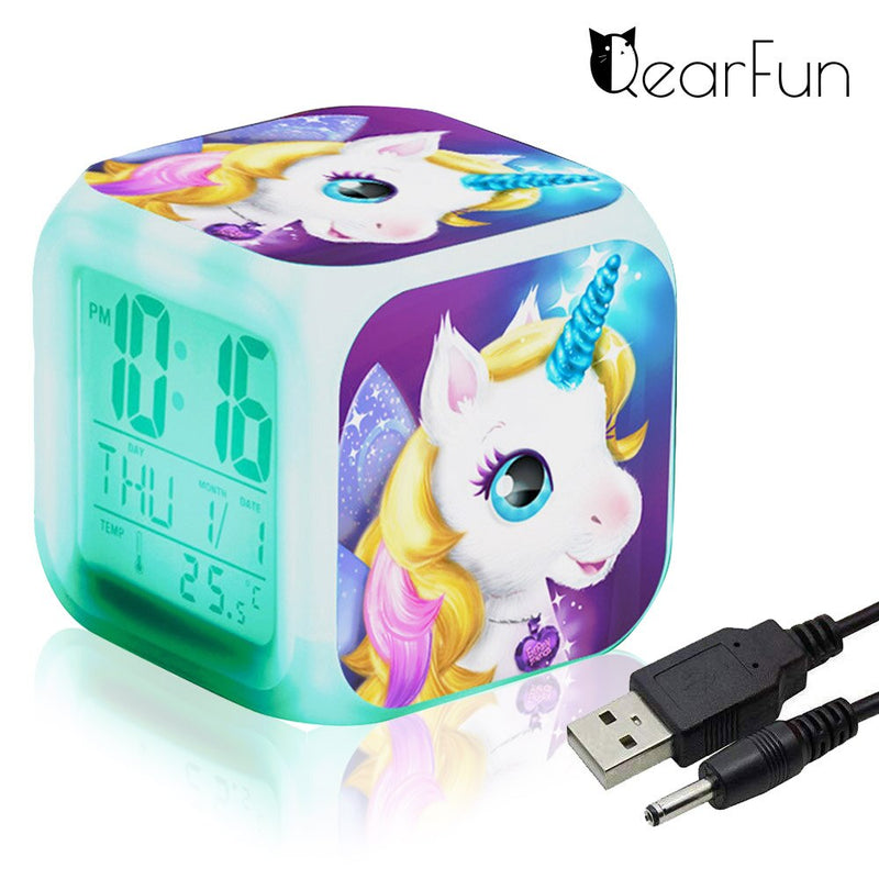 Children Cartoon Unicorn Alarm Clock 7 Led Night Light Desk Clocks Date Temperature despertador Unicornio Kids Birthday Gifts