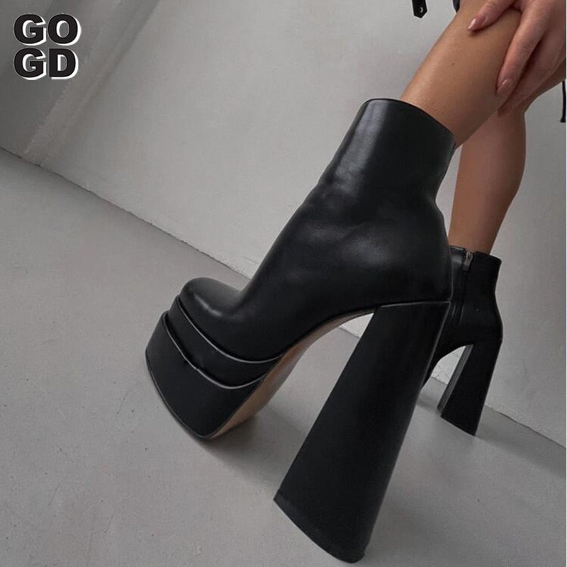 GOGD 2022 New Ankle Boots Women Quality Platform Boots Female Fashion Short Boot Black Chunky High Heel Women Shoes Big Size 41