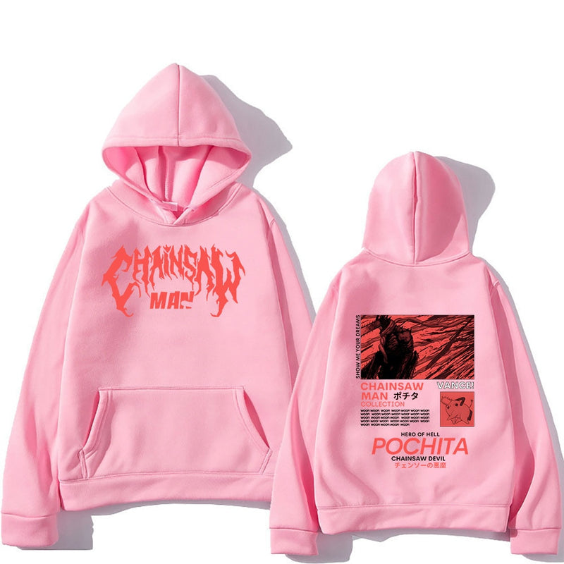 Chainsaw Man Pochita Hoodies Logo Letter Print Sweatshirts Manga Cartoon Graphic Streetwear Long Sleeve Gothic Mens Pullovers