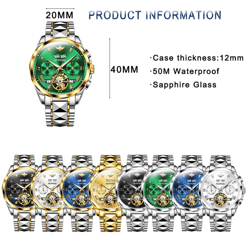 OUPINKE Watch for Men Automatic Mechanical Skeleton Diamond Sapphire Crystal Tourbillon Waterproof Original Wristwatch Gift