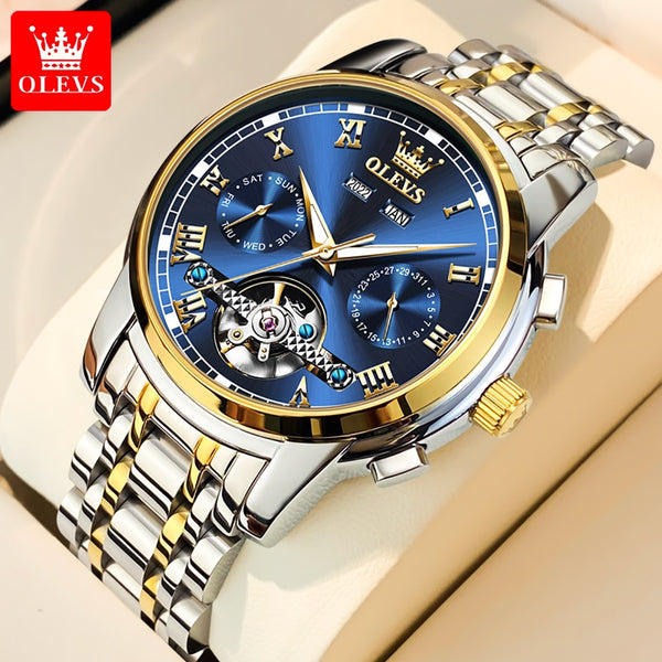 OLEVS Automatic Mechanical Watch for Men Date Calendar Skeleton Wristwatch Stainless Steel Classic Business Men&#39;s Watches 6607