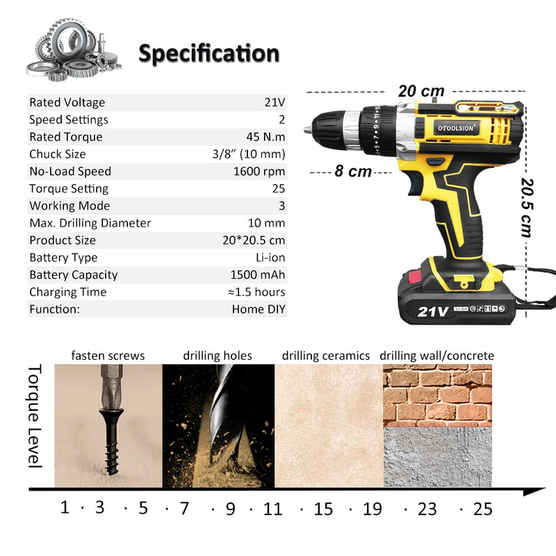 OTOOLSION New 21v Impact Electric Drill Variable Speed Impact Electric Screwdrivers 1500MAh Cordless Drill Lithium Battery