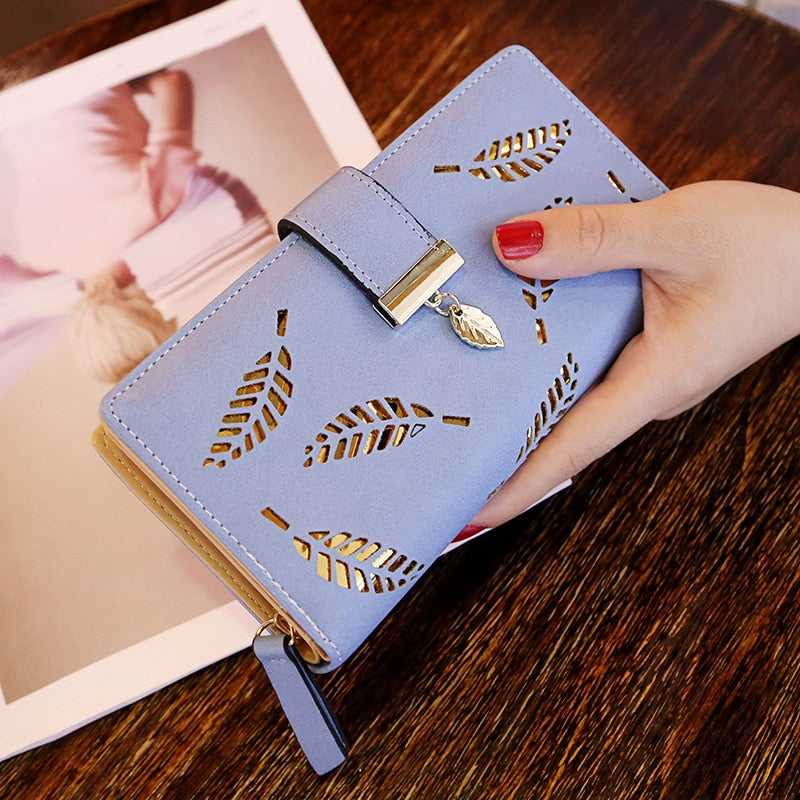 EXBX Women Wallet Hollow Golden Leaf Buckle Wallet PU Leather Purse Female Long Wallet for Women Coin Purse Card Holders Clutch