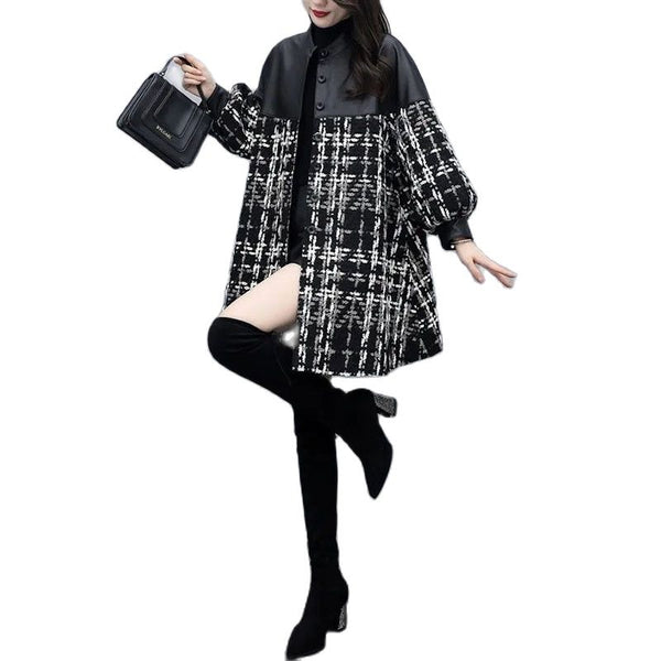 Women&#39;s Woolen Coat 2022 Autumn Winter New Loose PU Stitching Tweed Plaid Woolen Coat Mid-Length Casual Leather Jacket  Outerwea