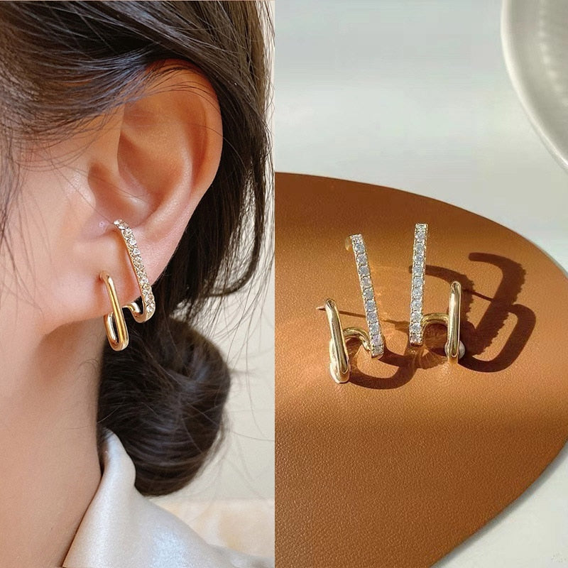 Korean Earing Claw Ear Hook Clip Earrings for Women Four-Prong Setting CZ Gold Color Ear Earrings Fashion Jewelry New Year Gift