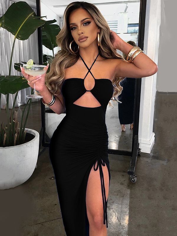 Cryptographic Hot Summer Sexy Halter Backless Sleeveless Cut Out Maxi Dress for Women Elegant Club Party Slit Dresses Vestido