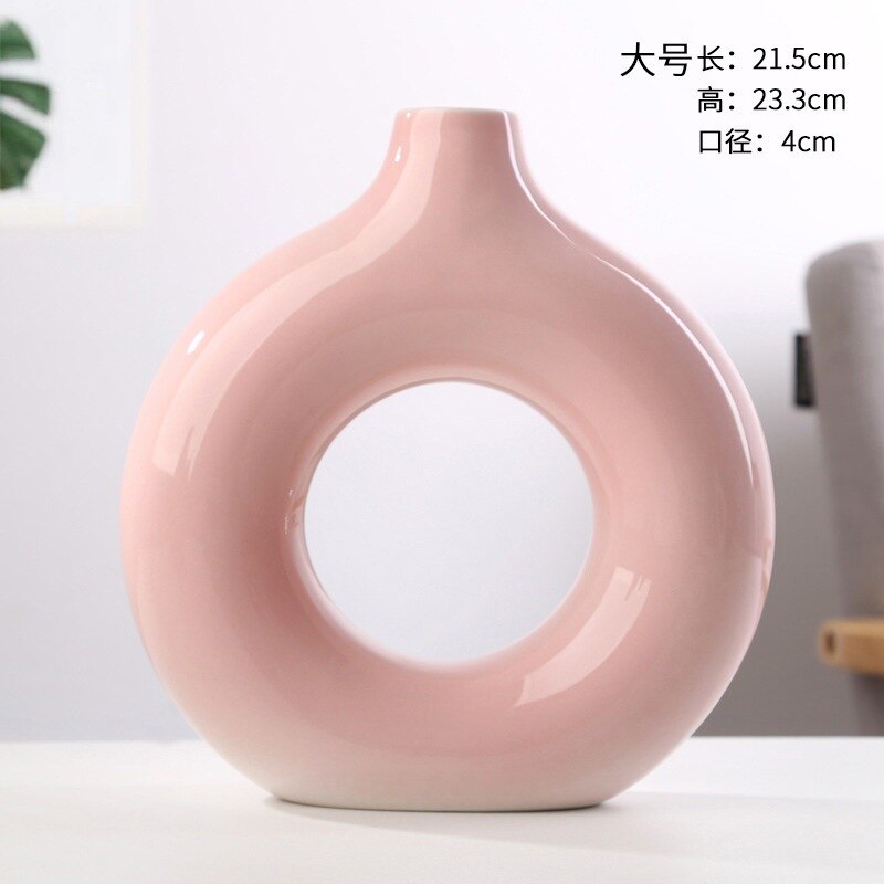 Nordic Ceramic Vase Circular Hollow Donuts Flower Pot Home Living Room Decoration Accessories Interior Office Desktop Decor Gift