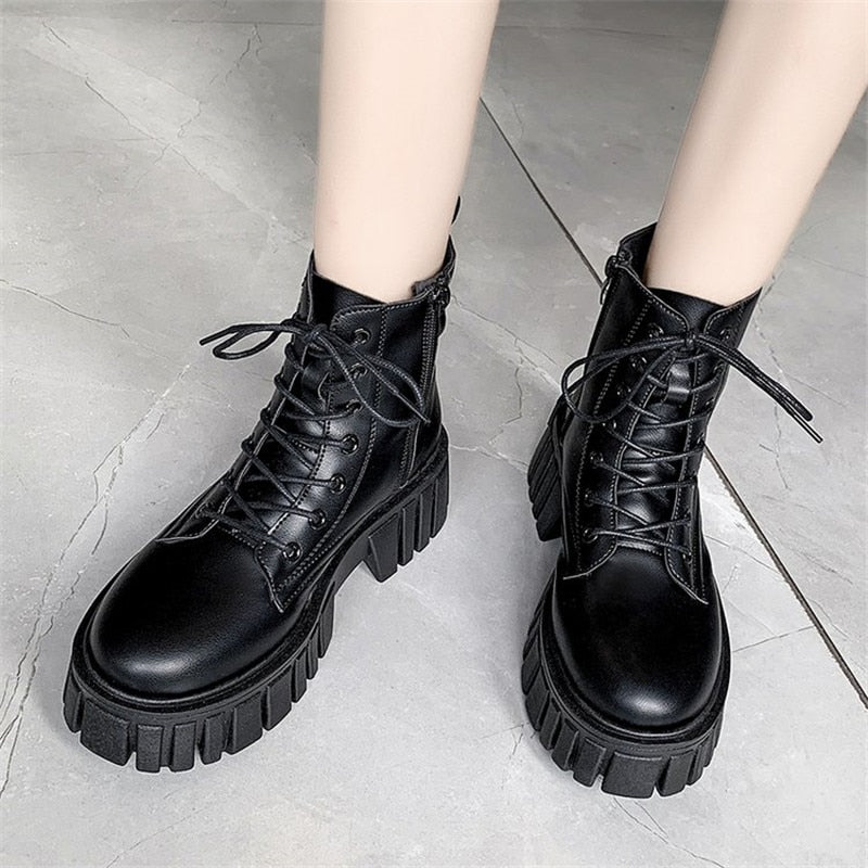 Rimocy 2022 New Women White Ankle Boots PU Leather Thick Sole Lace Up Combat Booties Female Autumn Winter Platform Shoes Woman