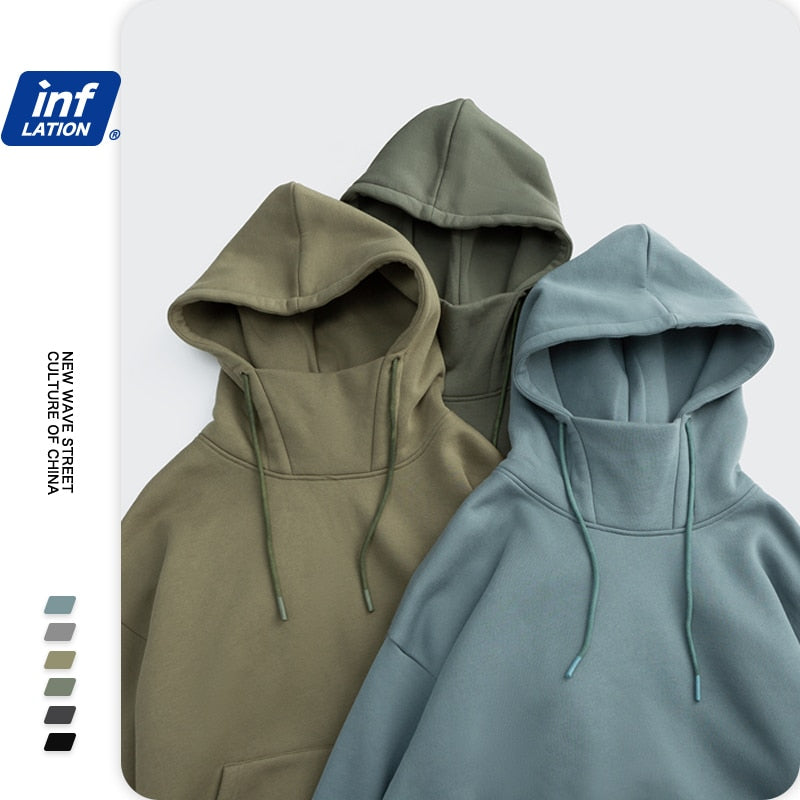 INFLATION Blank Thick Fleece Hoodies Men Winter Warm High Collar Oversized Hoodies Unisex Hooded Sweatshirts