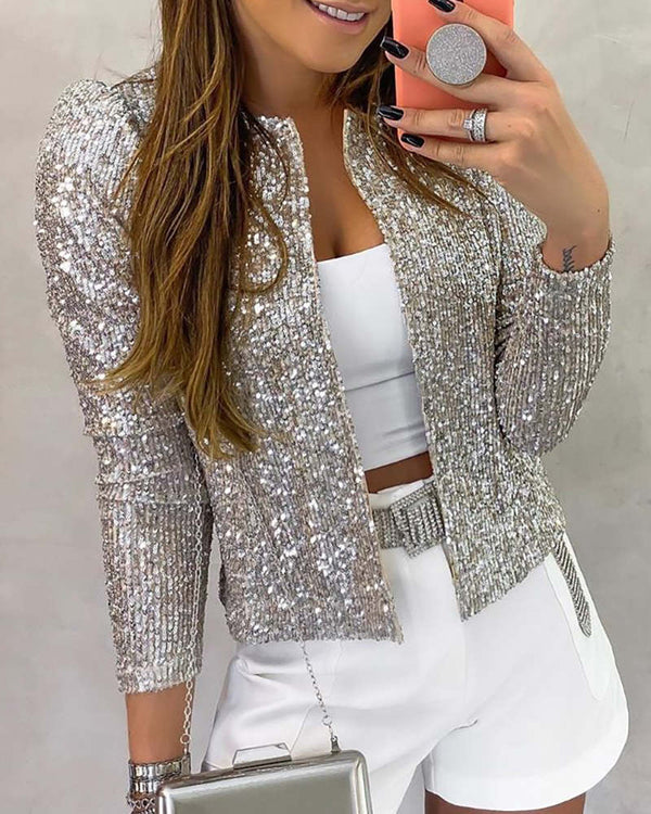 Long Sleeve Open Front Sequin Coat Women Casual Female Jacket Sequin Pearls Buttons Coat O-Neck Out Wear Ladies