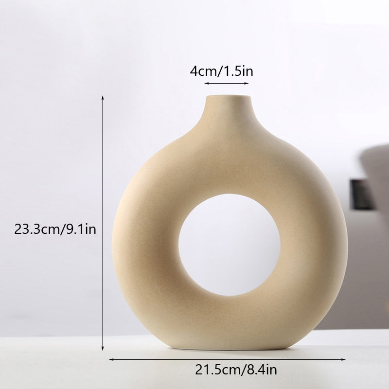 Nordic Ceramic Vase Circular Hollow Donuts Flower Pot Home Living Room Decoration Accessories Interior Office Desktop Decor Gift