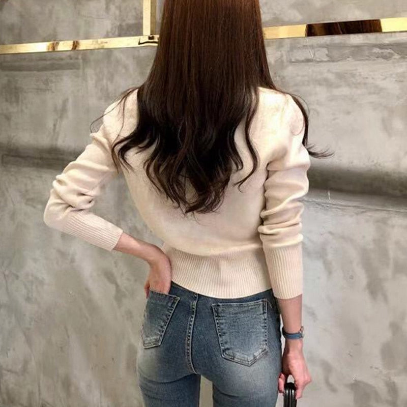 Fashion Knitted Cardigan Sweater Women Autumn Long Sleeve Short Coat Casual Korean Single Breasted Slim Top Pull Femme 17375