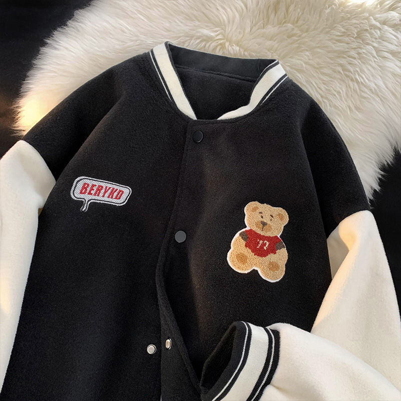 Bear embroidered baseball jacket women&