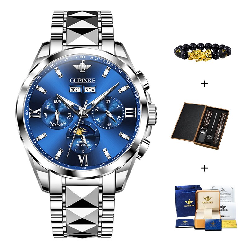 OUPINKE Luxury Automatic Mechanica Watches For Men Luminous Waterproof Sapphire Moon Phase Chronograph Wristwatch