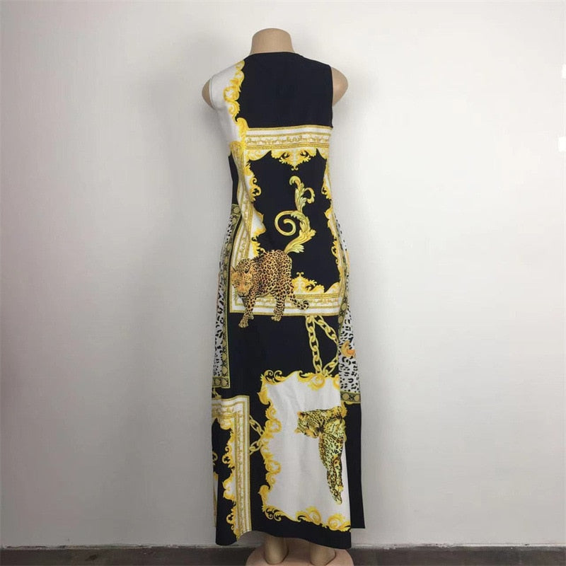 Bohemian Floral Printing Hollow Out Elegant Dresses For Women Large Swing Sexy High Waist Maxi Party Slim Tank Sleeveless Dress