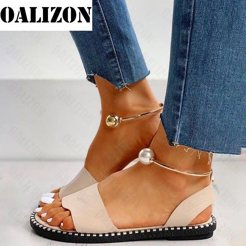 2022 New Summer Women Beaded Pearly Sandals Slippers Shoes Ladies Flats Sandals Flip Flop Casual Flat Slingback Sandals Shoes