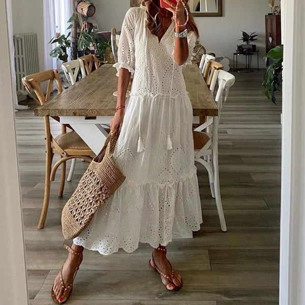 Women&#39;s Clothing 2022 Summer Fashion V-neck Vintage Party Female White Lace Elegant Maxi Dresses Casual Beach Long