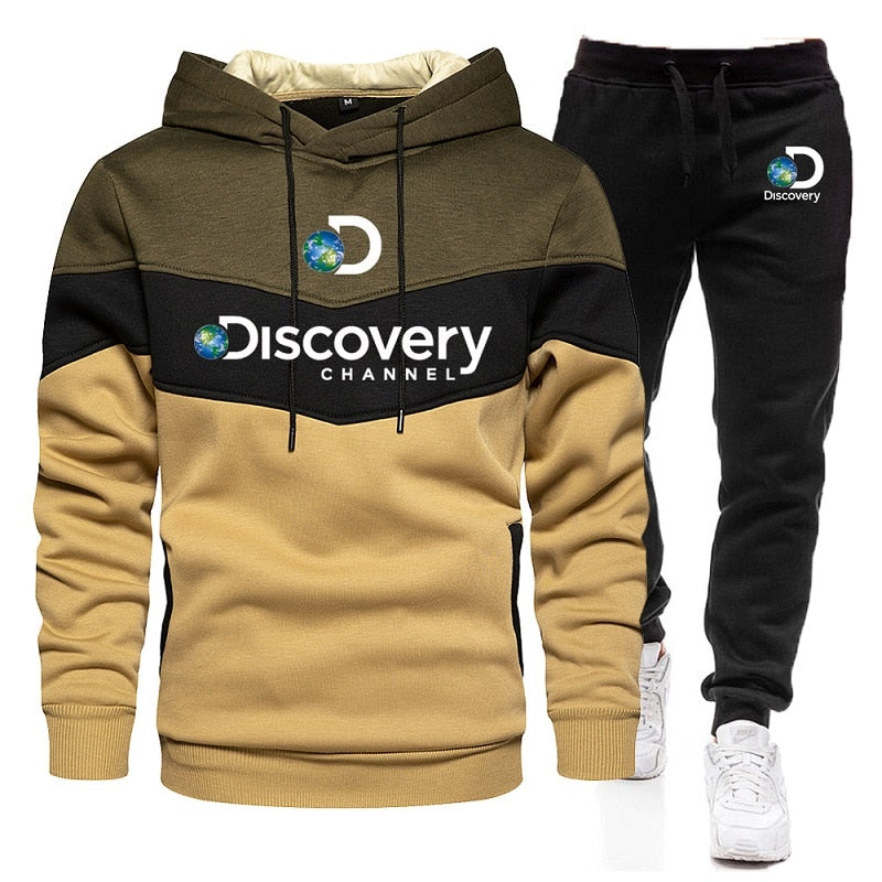 New Autumn/Winter Discovery Channel Patchwork Warm Sportswear Set Men's Hoodie + Sports Pants Set White Black Red Yellow