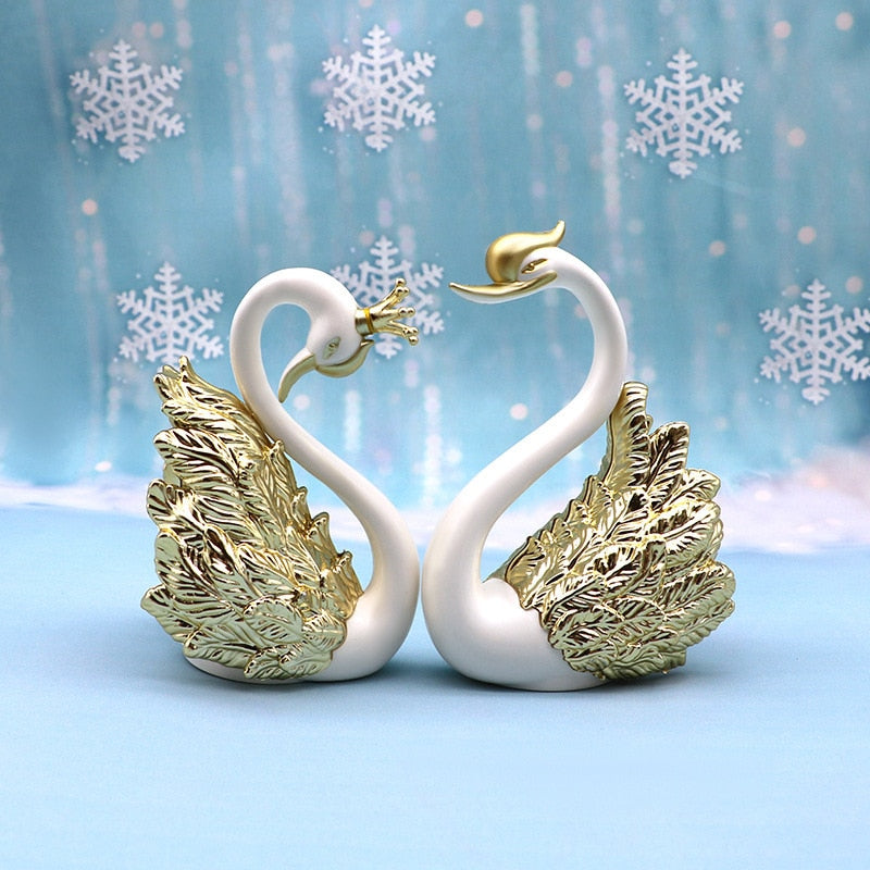 2pcs Swan Couple Figurine Home Decor Love Theme Statue Cake Topper Car Interior Living Room Wedding Decoration Accessories