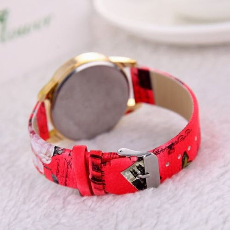 Fashion Women Rhinestone Quartz Watch Print Rose Pattern Dial Ladies Watch Leather Strap Women Wrist Watch Reloj  Montre