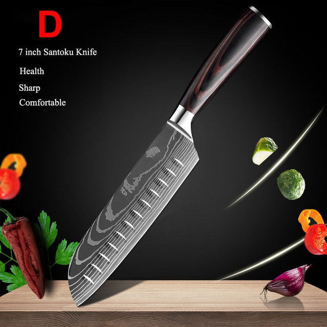 Japanese Kitchen Knife Set Laser Damascus Pattern Stainless Steel  Sharp Cleaver Slicing Utility Knives Kitchen Tools