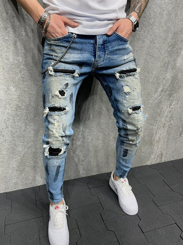 2022 Skinny Jeans Men Painted Stretch Slim Fit Ripped Distressed Pleated Knee Patch Denim Pants Brand casual trousers