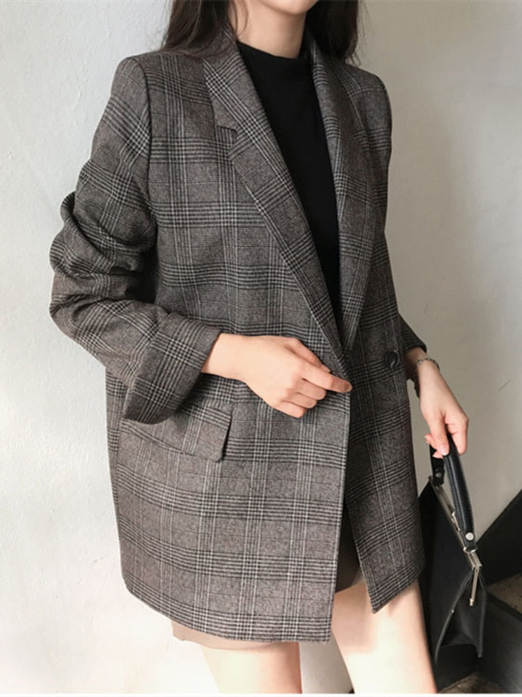 Colorfaith New 2022 Plaid Double Breasted Pockets Formal Jackets Checkered Winter Spring Women's Blazers Outerwear Tops JK7113