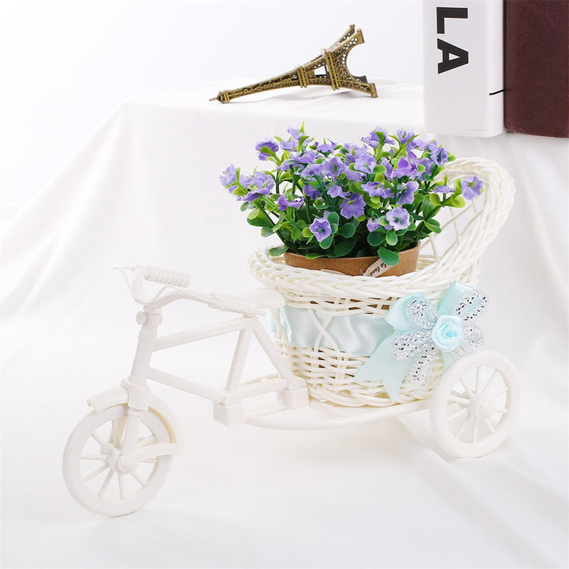 Hot Sale New Plastic White Tricycle Bike Design Flower Basket Container For Flower Plant Home Weddding Decoration