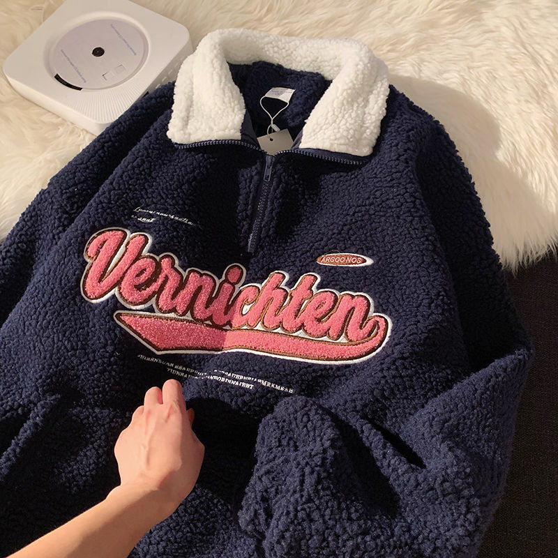 New Vintage Punk Sweatshirts Women Casual V-neck Letter Embroidery Hoodies Harajuku Baseball Lambswool Oversized Pullovers Top