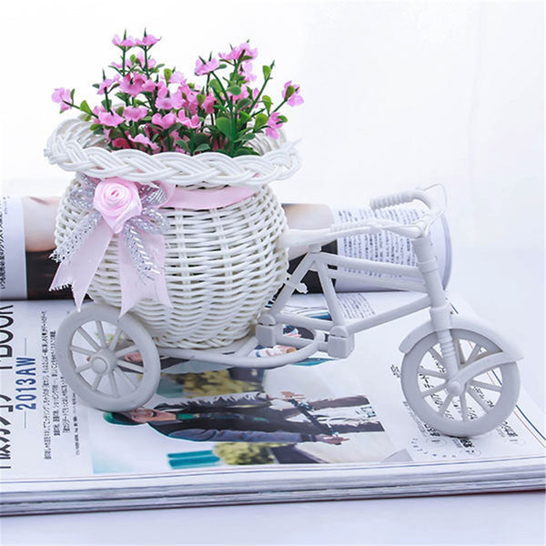 Hot Sale New Plastic White Tricycle Bike Design Flower Basket Container For Flower Plant Home Weddding Decoration