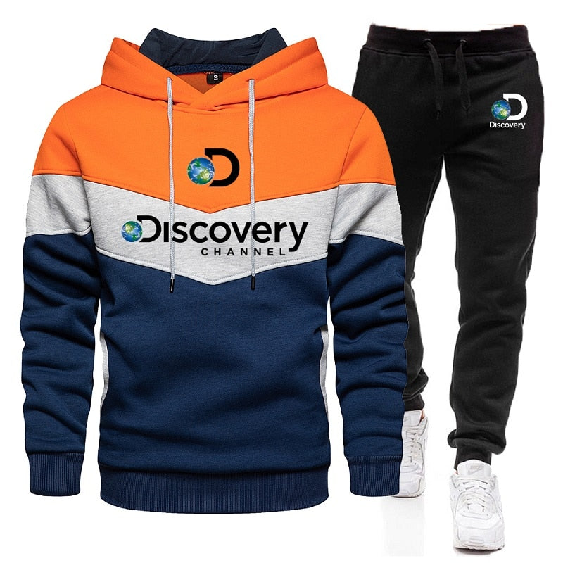 New Autumn/Winter Discovery Channel Patchwork Warm Sportswear Set Men's Hoodie + Sports Pants Set White Black Red Yellow