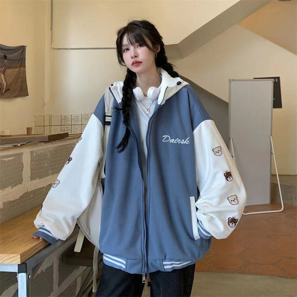 Blue Print Casual Loose Jacket Baseball Jacket Hooded Women&#39;s Coat Women&#39;s 2021 Autumn Winter Coat New Sports Style