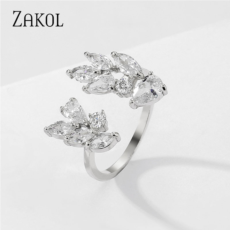 ZAKOL New Fashion Charm AAA Cz Wedding Ring Leaf Shape Clear Cubic Zirconia Rings for Women Party Jewelry Wholesale