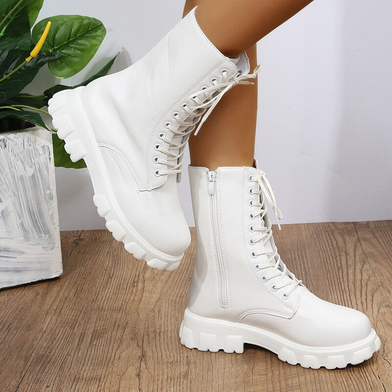 Women Motorcycle Boots Wedges Flat Shoes Woman High Heel Platform PU Leather Boots Lace Up Women Shoes Black Boots Girls