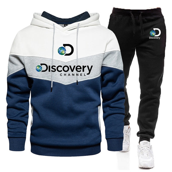 New Autumn/Winter Discovery Channel Patchwork Warm Sportswear Set Men's Hoodie + Sports Pants Set White Black Red Yellow