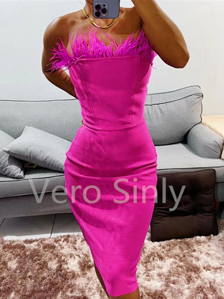 New Summer Sexy Strapless Backless Feather Black Midi Women Bodycon Bandage Dress 2022 Designer Fashion Party Club Dress Vestido