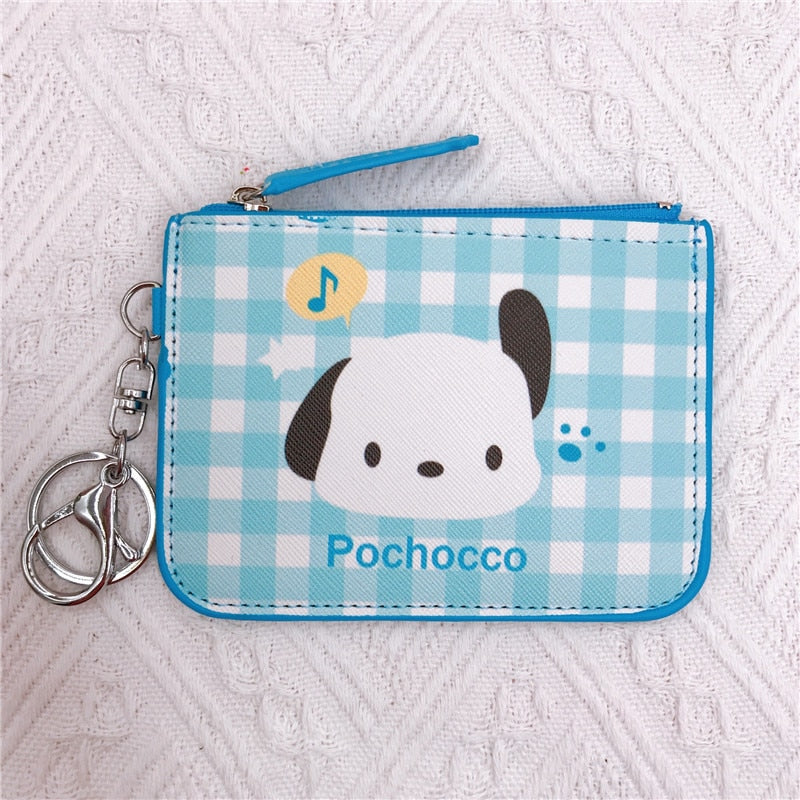 Kawaii  Sanrio Cartoon Bag Cinnamoroll Melody Pachacco Pom Pom Purin Kuromi Leather Card Holder Cute Coin Purse Keychain Pendant