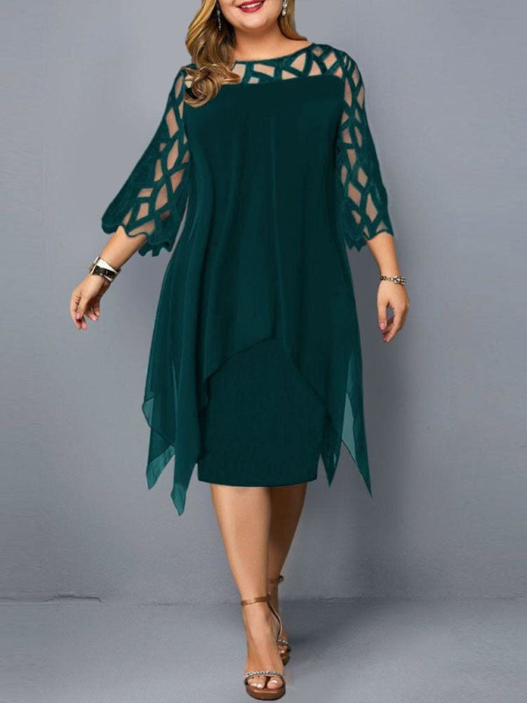 Elegant Midi Party Dress For Chubby Women Xxl O Neck Lace Sleeve Hollow Out Solid Sexy Women&