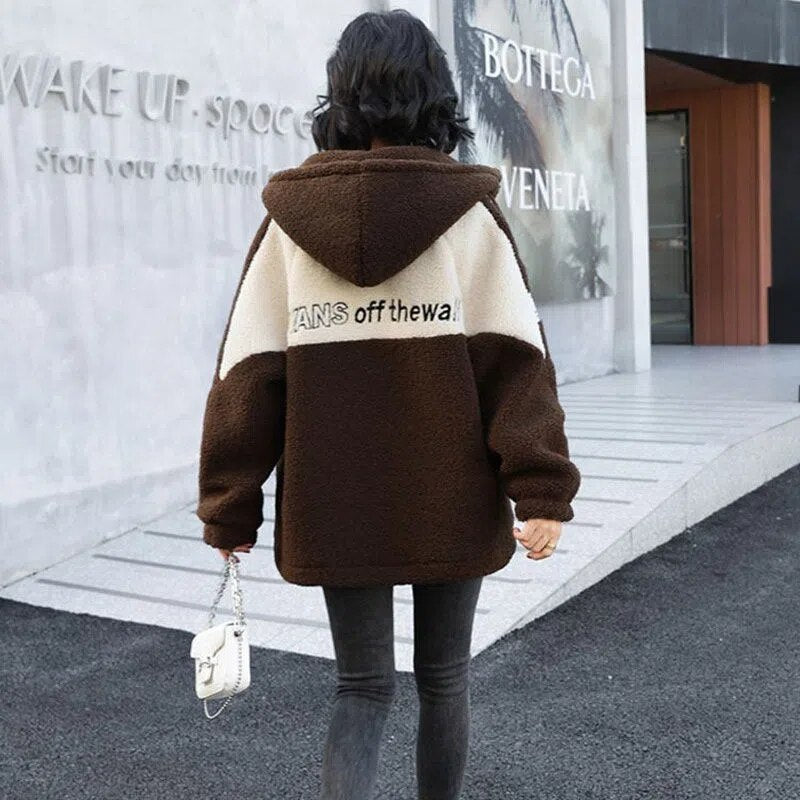2022 New Jacket Women Autumn Winter Patchwork Letter Embroidery Fashion Outerwea Loose Casual Thicken Warm Female Hooded Coats