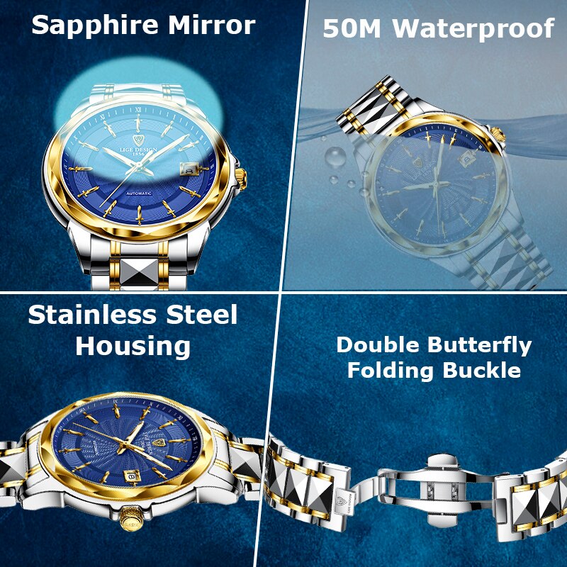 LIGE DESIGN New Men Mechanical Wristwatches Luxury Sapphire Glass Automatic Watch 50m Waterproof Watches Relogio Masculino